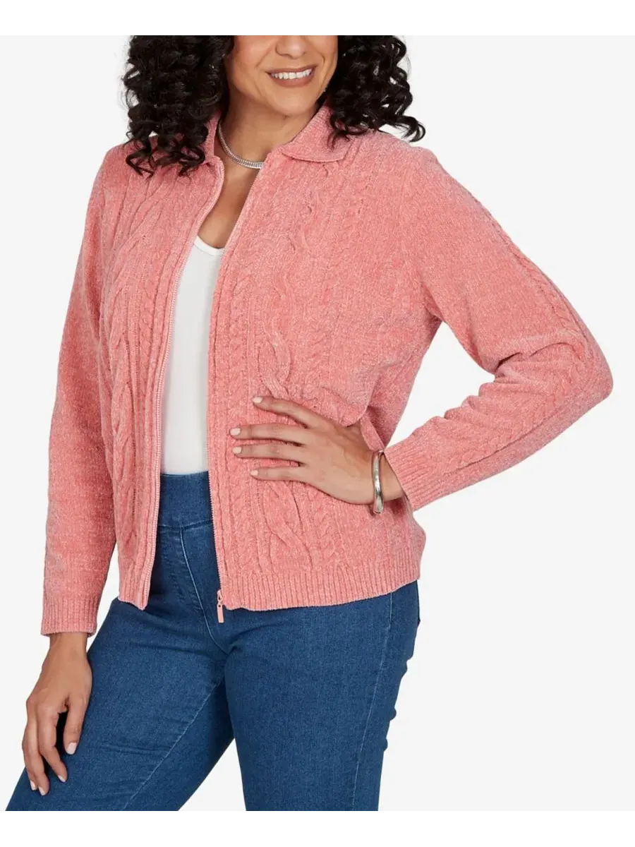 Кардиган с кабельной вязкой и воротником на молнии Petite Cable Knit Full-Zip Collared Cardigan — изображение 2 из 5, абрикос