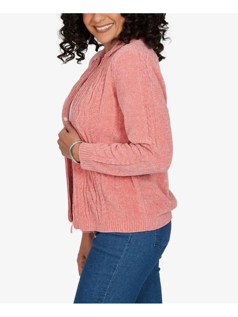 Кардиган с кабельной вязкой и воротником на молнии Petite Cable Knit Full-Zip Collared Cardigan — изображение 3 из 5, абрикос