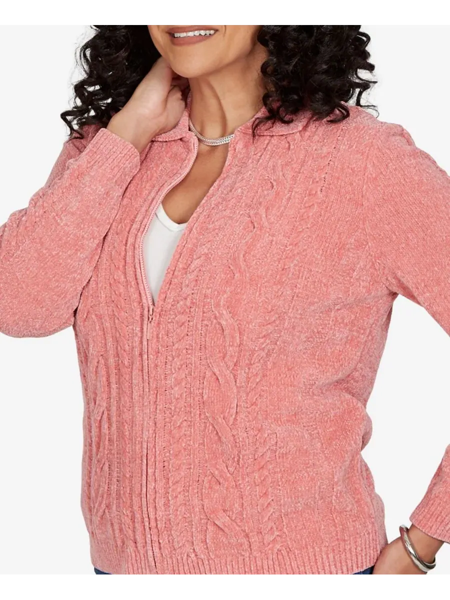 Кардиган с кабельной вязкой и воротником на молнии Petite Cable Knit Full-Zip Collared Cardigan — изображение 4 из 5, абрикос