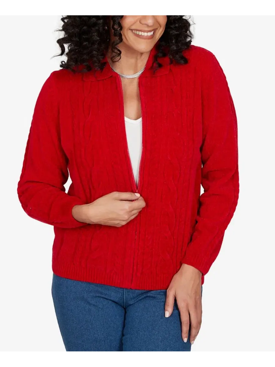 Кардиган с кабельной вязкой и воротником, модель Petite Cable Knit Full-Zip Collared Cardigan — изображение 1 из 5, красный