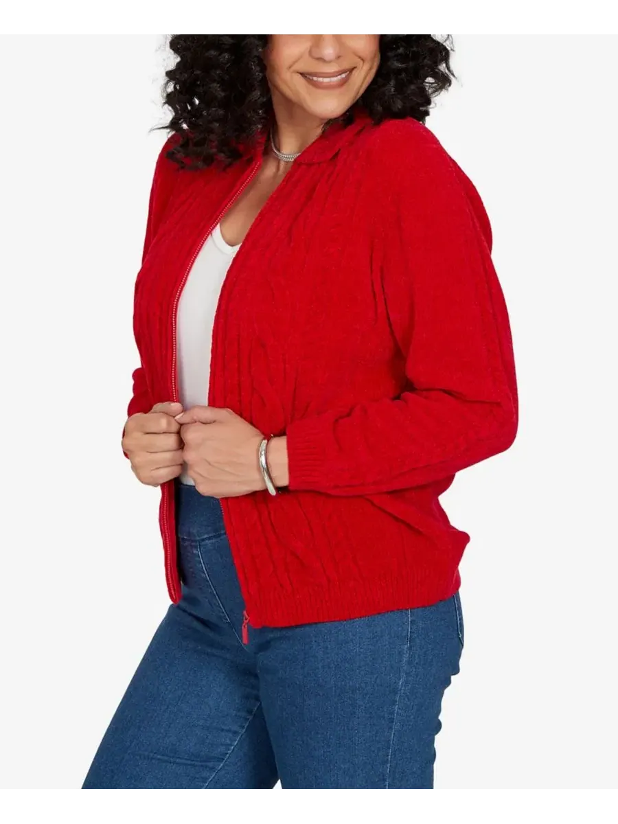 Кардиган с кабельной вязкой и воротником, модель Petite Cable Knit Full-Zip Collared Cardigan — изображение 2 из 5, красный