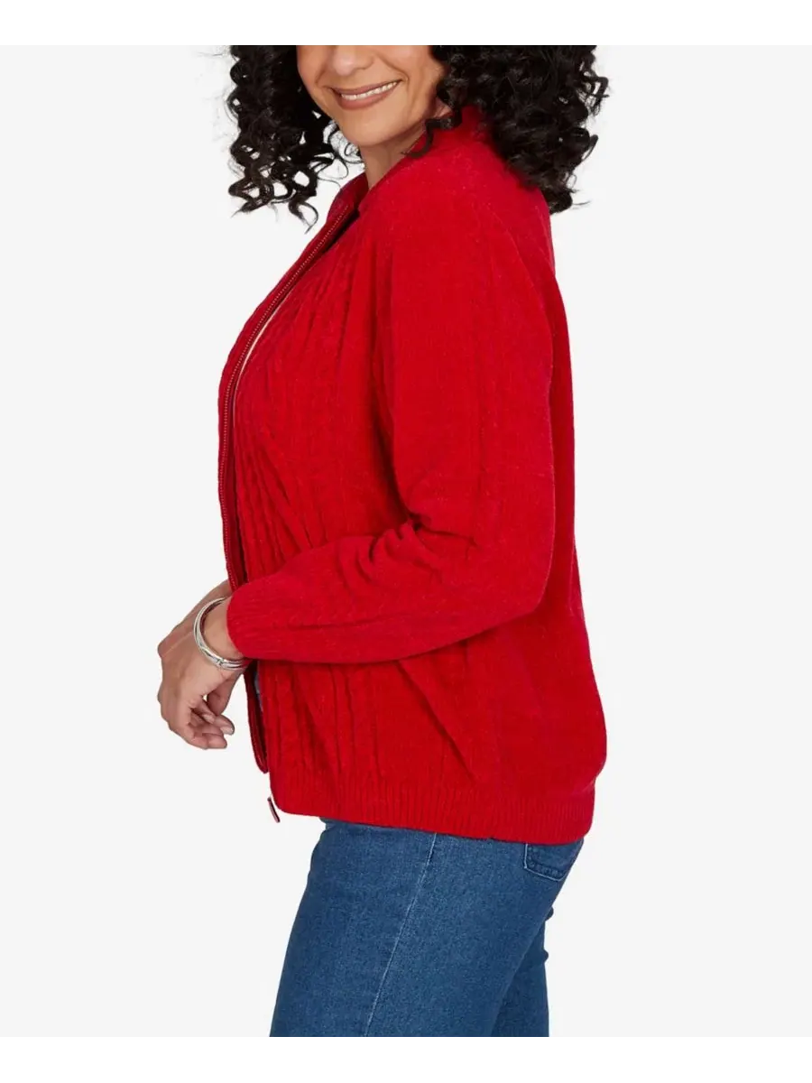 Кардиган с кабельной вязкой и воротником, модель Petite Cable Knit Full-Zip Collared Cardigan — изображение 3 из 5, красный