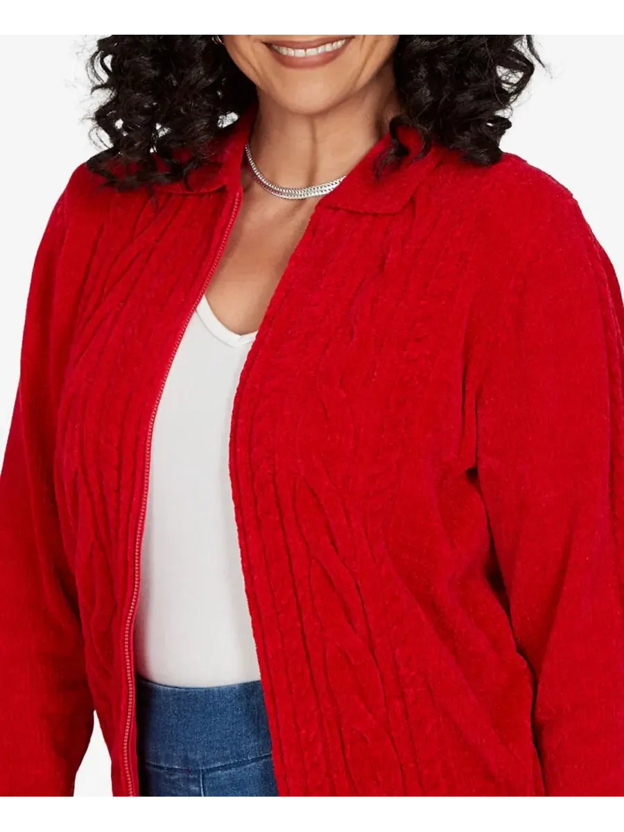 Кардиган с кабельной вязкой и воротником, модель Petite Cable Knit Full-Zip Collared Cardigan — изображение 4 из 5, красный