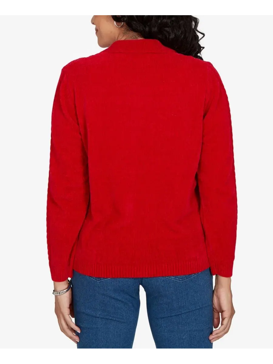 Кардиган с кабельной вязкой и воротником, модель Petite Cable Knit Full-Zip Collared Cardigan — изображение 5 из 5, красный