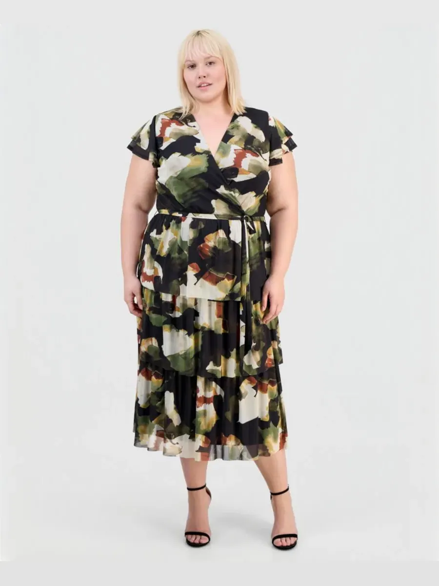 Платье-миди с принтом, V-образным вырезом и ярусной юбкой Anne Klein — изображение 1 из 5, черный мульти