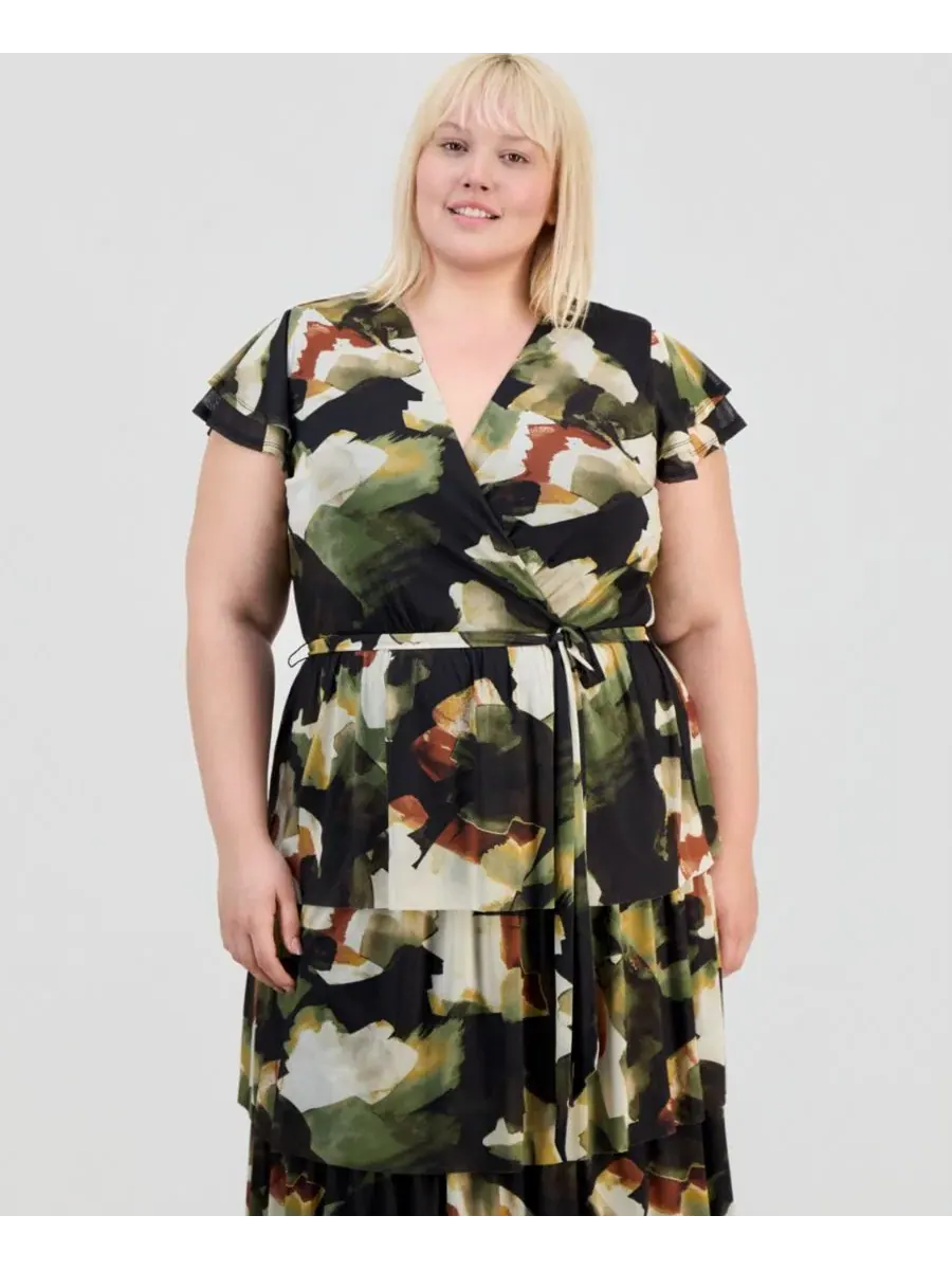 Платье-миди с принтом, V-образным вырезом и ярусной юбкой Anne Klein — изображение 2 из 5, черный мульти