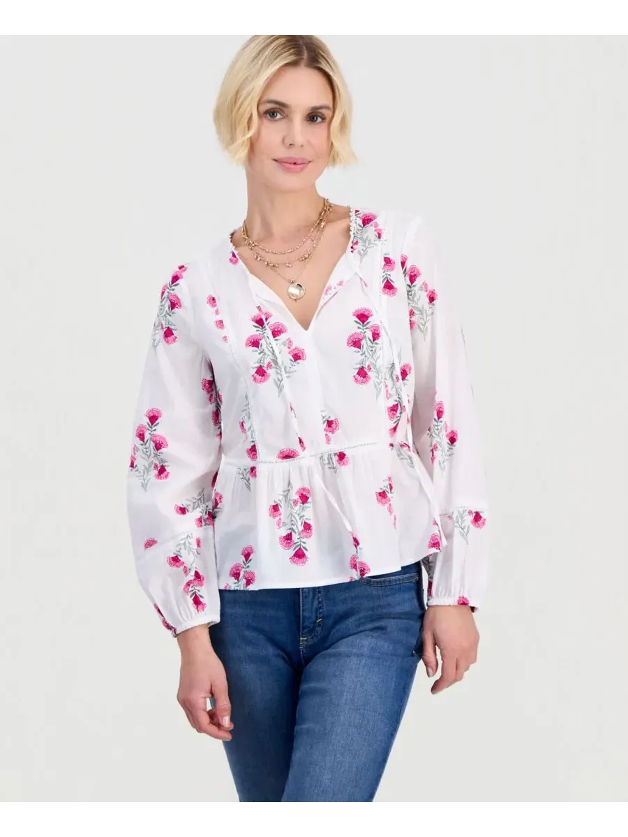 Блуза с пеплумом, цветочной вышивкой Style & Co — изображение 1 из 4, яркий белый