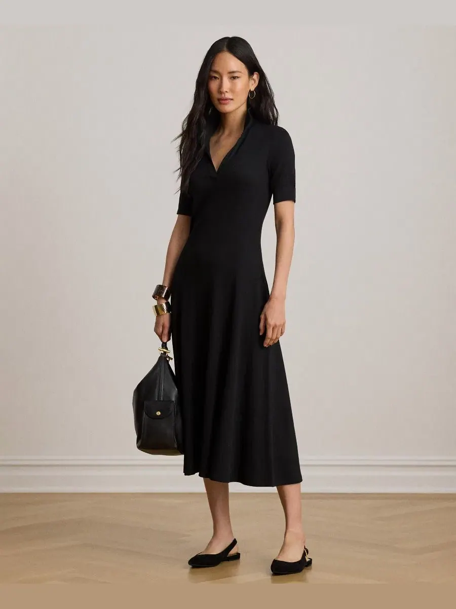 Платье с воротником и рифленым трикотажем Lauren Ralph Lauren — изображение 7 из 7, черный