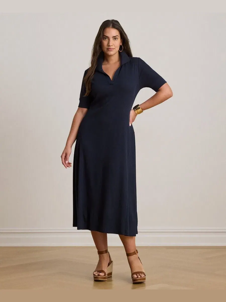Платье с воротником-джонни из рибаны Lauren Ralph Lauren — изображение 2 из 7, темно-синий