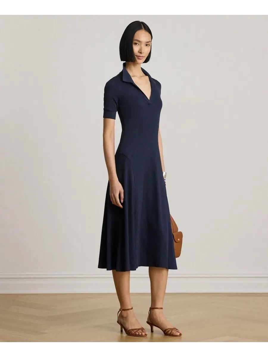 Платье с воротником-джонни из рибаны Lauren Ralph Lauren — изображение 3 из 7, темно-синий