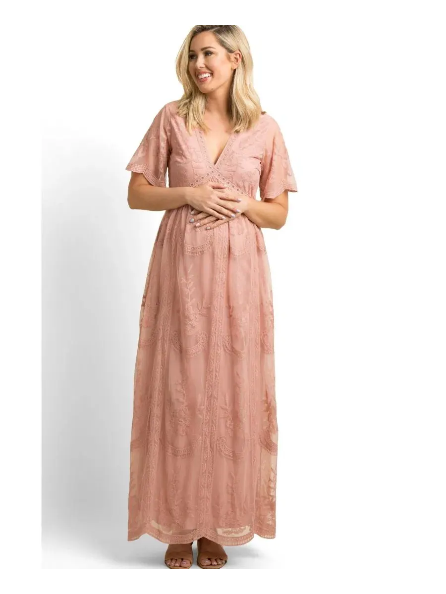 Платье макси с кружевной накладкой, модель Lace Mesh Overlay Maxi Dress Pinkblush — изображение 1 из 10, розовый