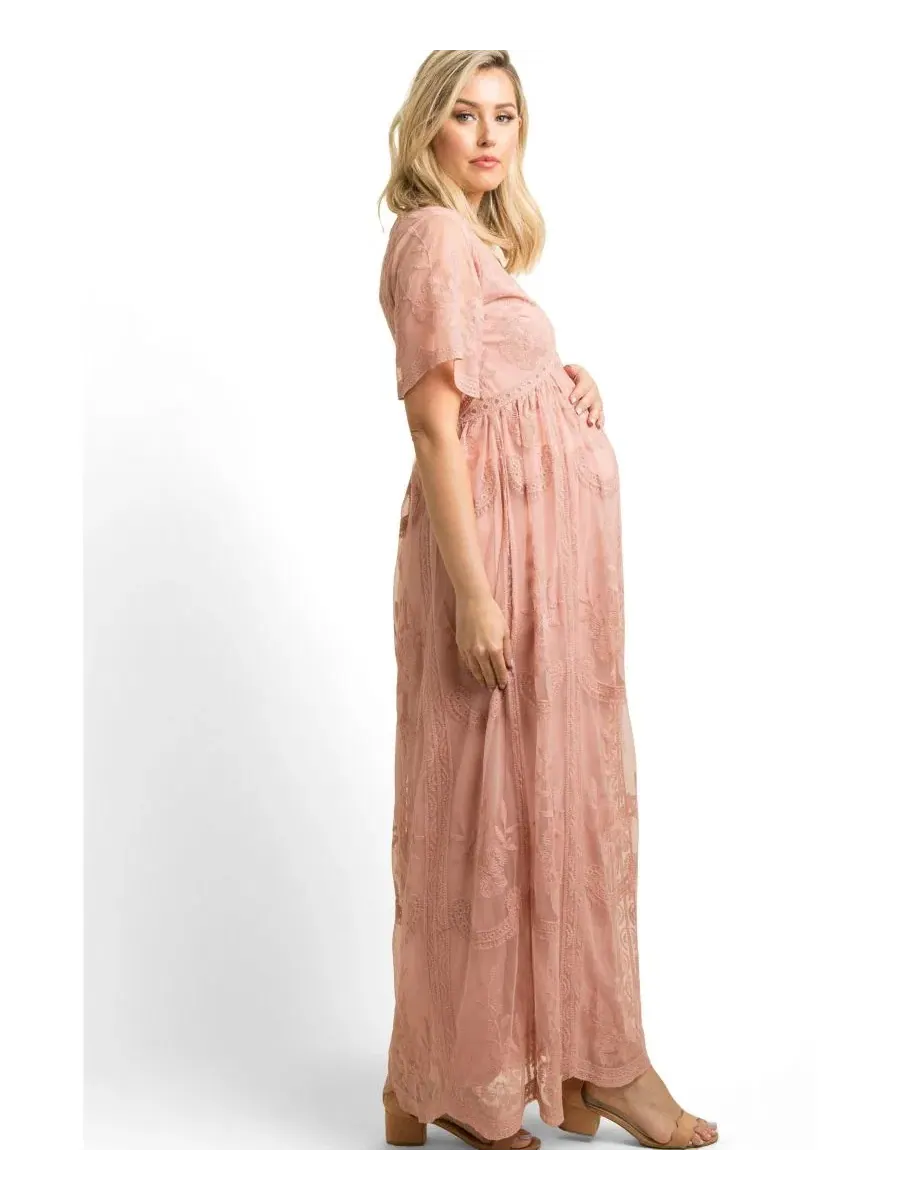 Платье макси с кружевной накладкой, модель Lace Mesh Overlay Maxi Dress Pinkblush — изображение 4 из 10, розовый