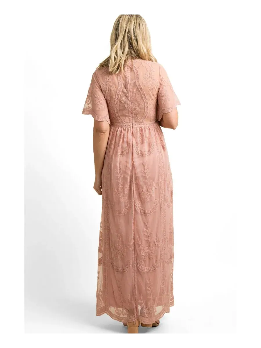 Платье макси с кружевной накладкой, модель Lace Mesh Overlay Maxi Dress Pinkblush — изображение 6 из 10, розовый