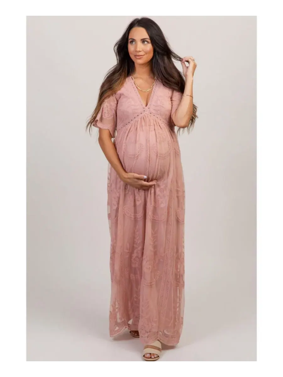 Платье макси с кружевной накладкой, модель Lace Mesh Overlay Maxi Dress Pinkblush — изображение 8 из 10, розовый