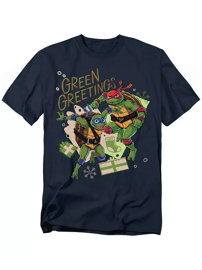 Футболка Big & Tall TMNT Mutant Mayhem с новогодними поздравлениями Leonardo и Raphael Teenage — изображение 1 из 3, синий