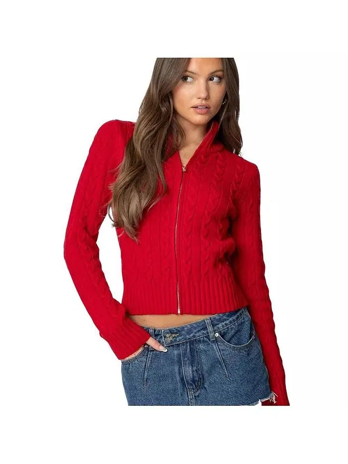 Женский кардиган Ryn Zip Up Cable Knit Edikted — изображение 1 из 3, красный