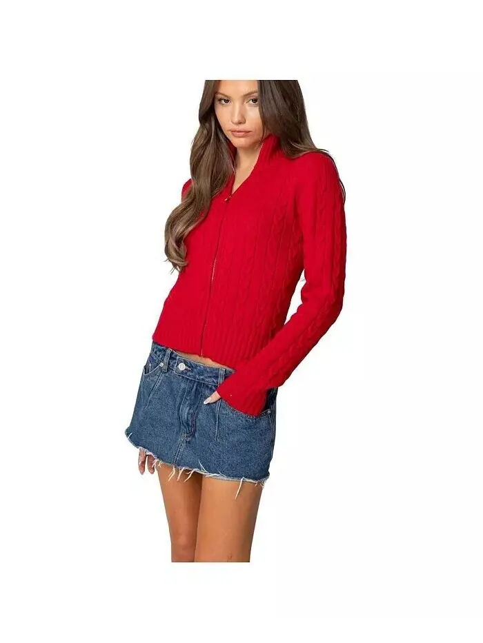 Женский кардиган Ryn Zip Up Cable Knit Edikted — изображение 2 из 3, красный