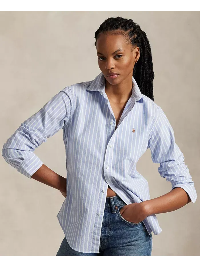 Женская облегающая полосатая рубашка Oxford Polo Ralph Lauren — изображение 1 из 5, синий/белый