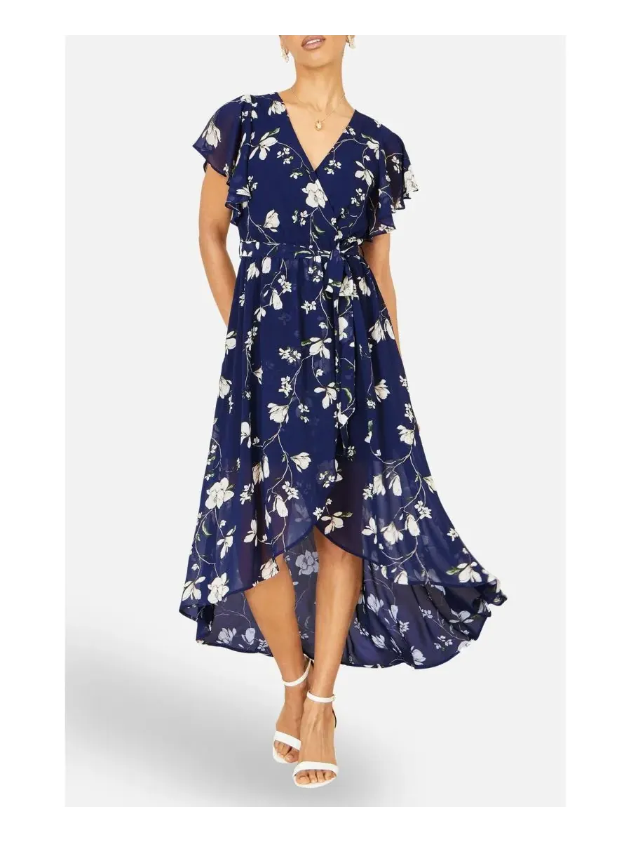 Женское миди-платье с цветочным принтом и оборками по низу Yumi — изображение 8 из 8, темно-синий