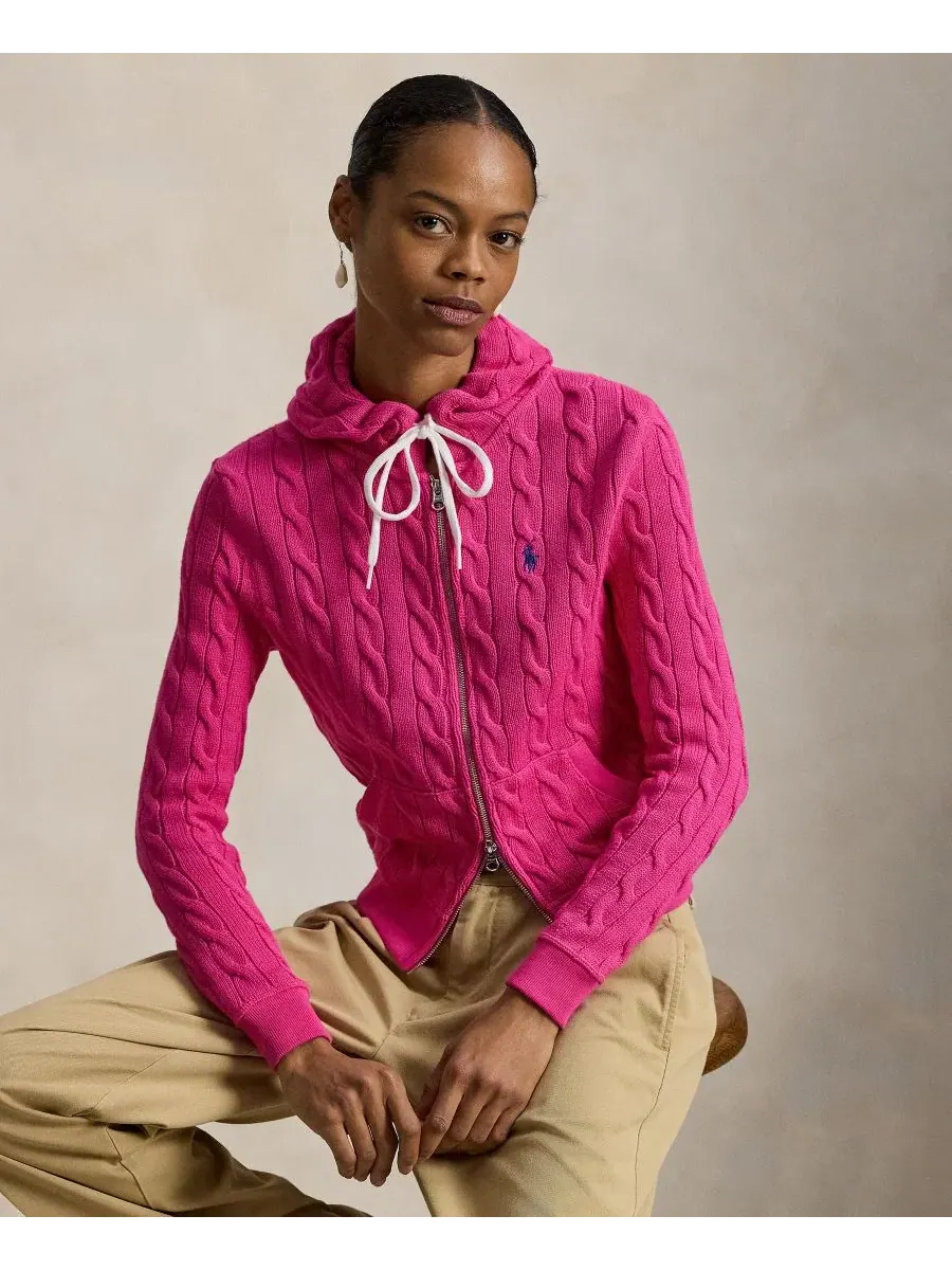 Женская хлопковая толстовка крупной вязки на молнии Polo Ralph Lauren — изображение 4 из 5, розовый