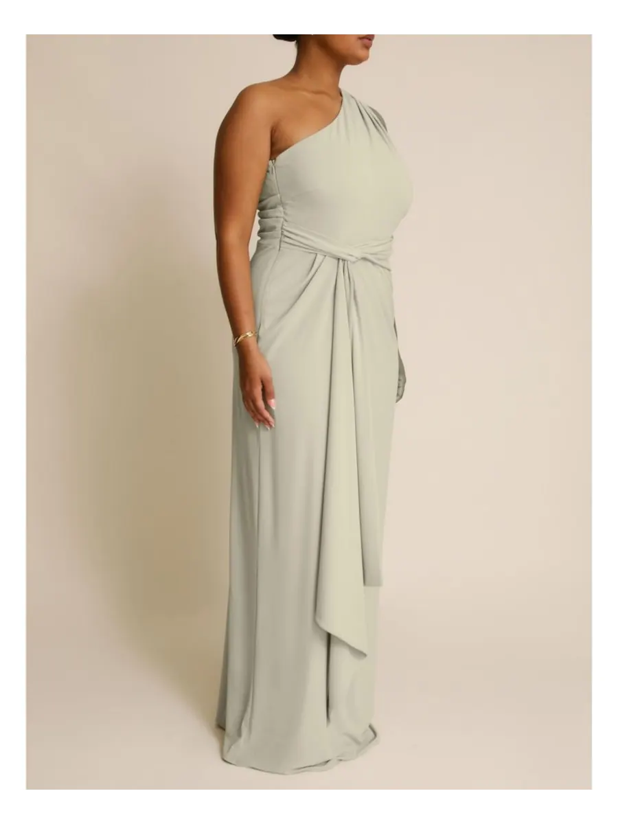Женское платье подружки невесты с одним открытым плечом и драпировкой из эластичной ткани Six — изображение 7 из 8, шалфейный