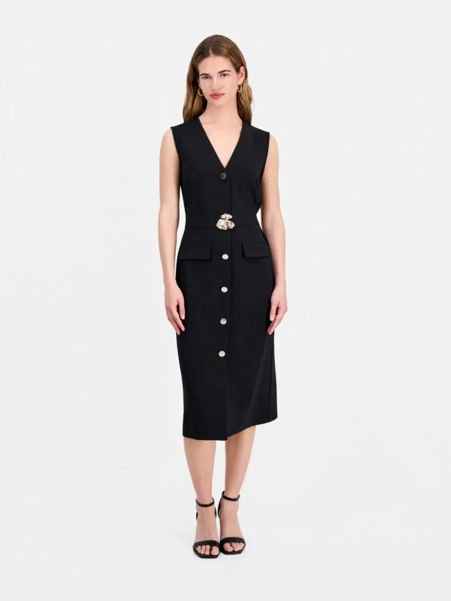 Платье-футляр без рукавов с поясом, модель V-Neck Sleeveless Belted Sheath Connected — изображение 1 из 5, черный