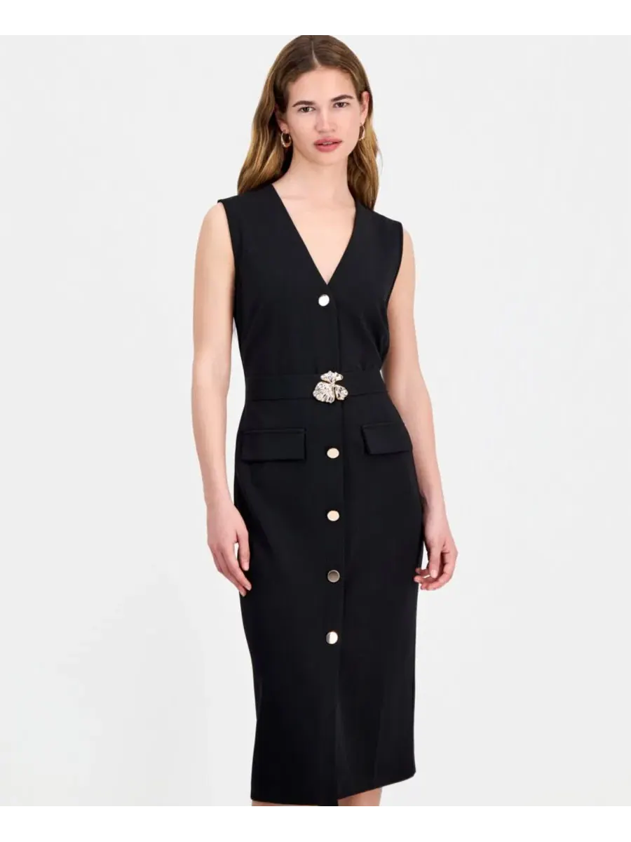 Платье-футляр без рукавов с поясом, модель V-Neck Sleeveless Belted Sheath Connected — изображение 2 из 5, черный