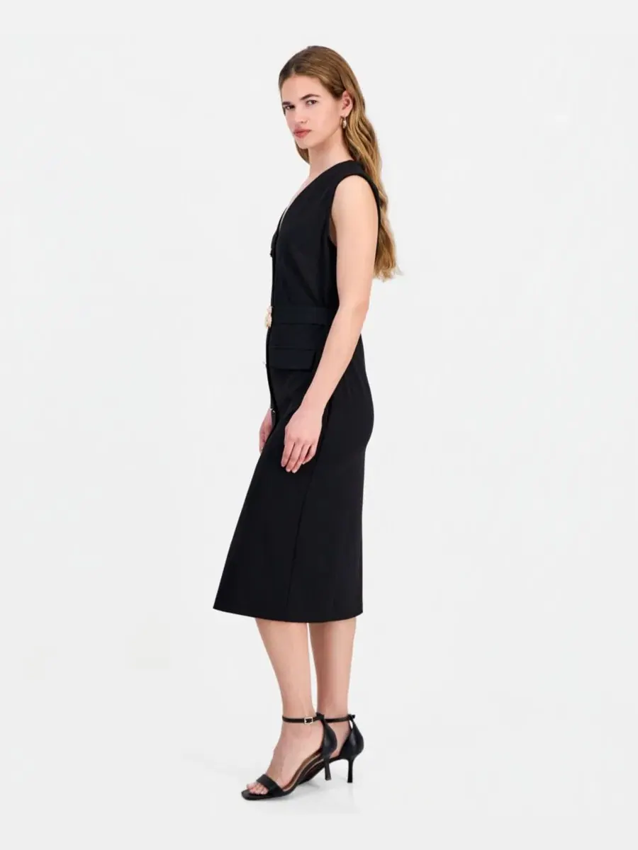 Платье-футляр без рукавов с поясом, модель V-Neck Sleeveless Belted Sheath Connected — изображение 3 из 5, черный