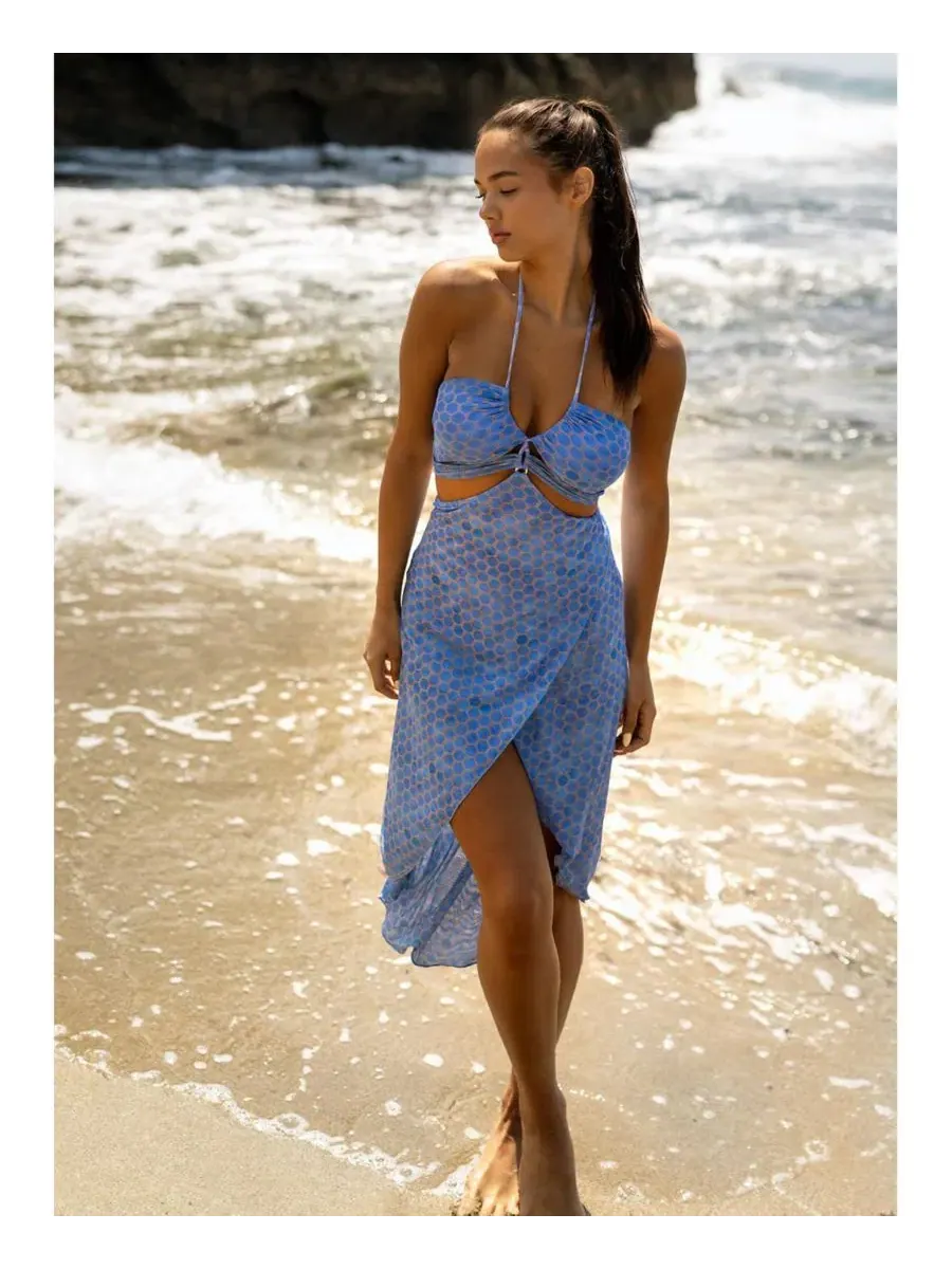 Платье-покрывало с принтом, халтер, с вырезом, high-low Guria Beachwear — изображение 3 из 3, синий