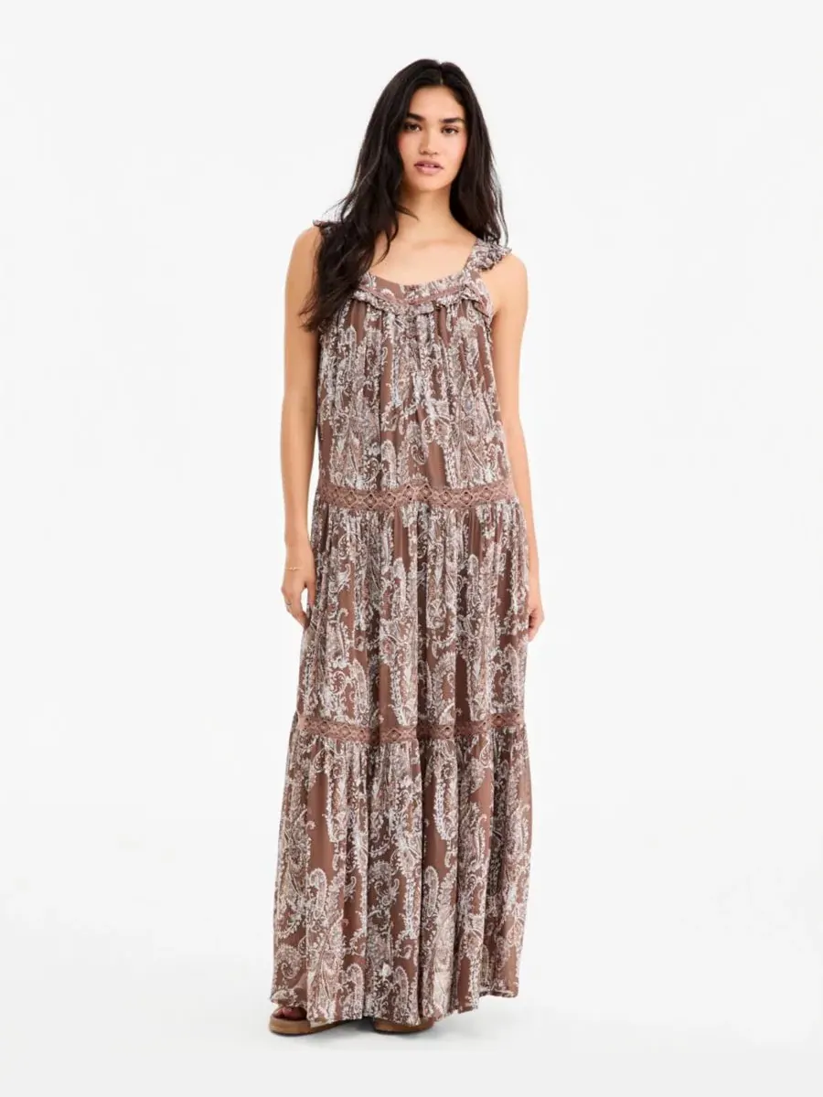Макси-платье с ярусной юбкой и принтом Paisley Brown Paisley — изображение 1 из 5, коричневый