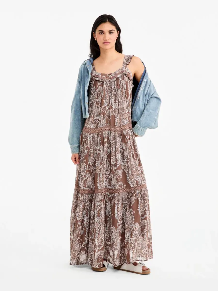 Макси-платье с ярусной юбкой и принтом Paisley Brown Paisley — изображение 2 из 5, коричневый