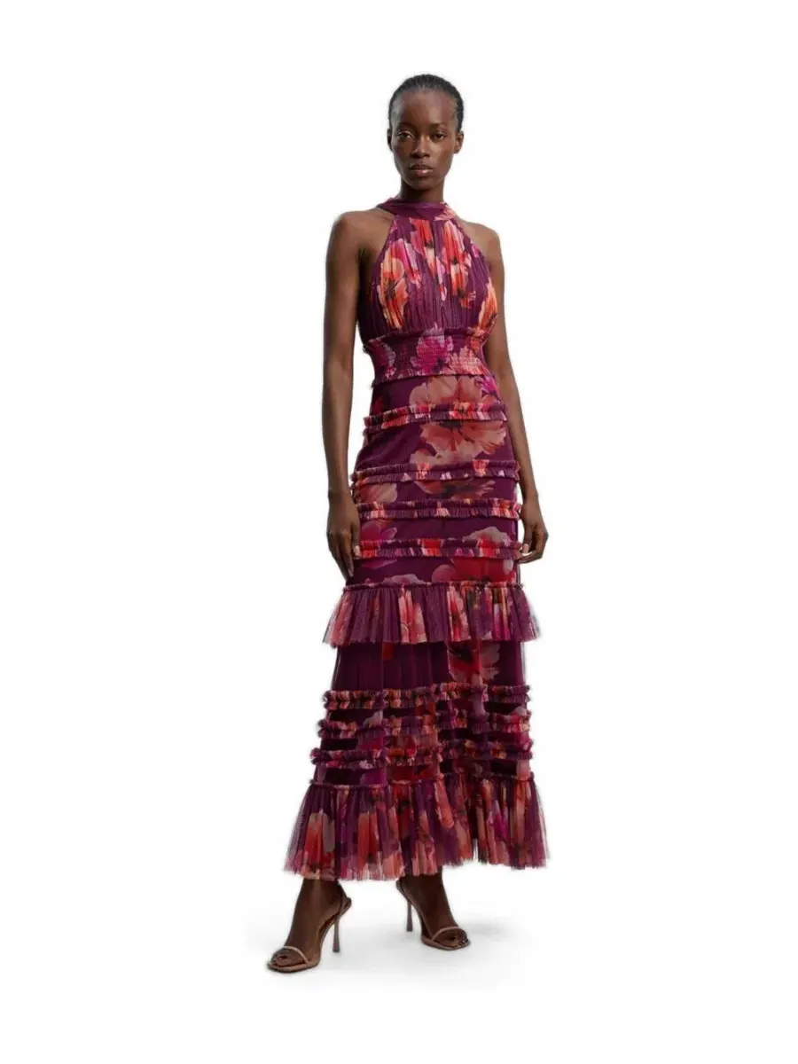 Платье макси из тюля с цветочным принтом, без рукавов, модель Floral Tulle Maxi Karen Millen