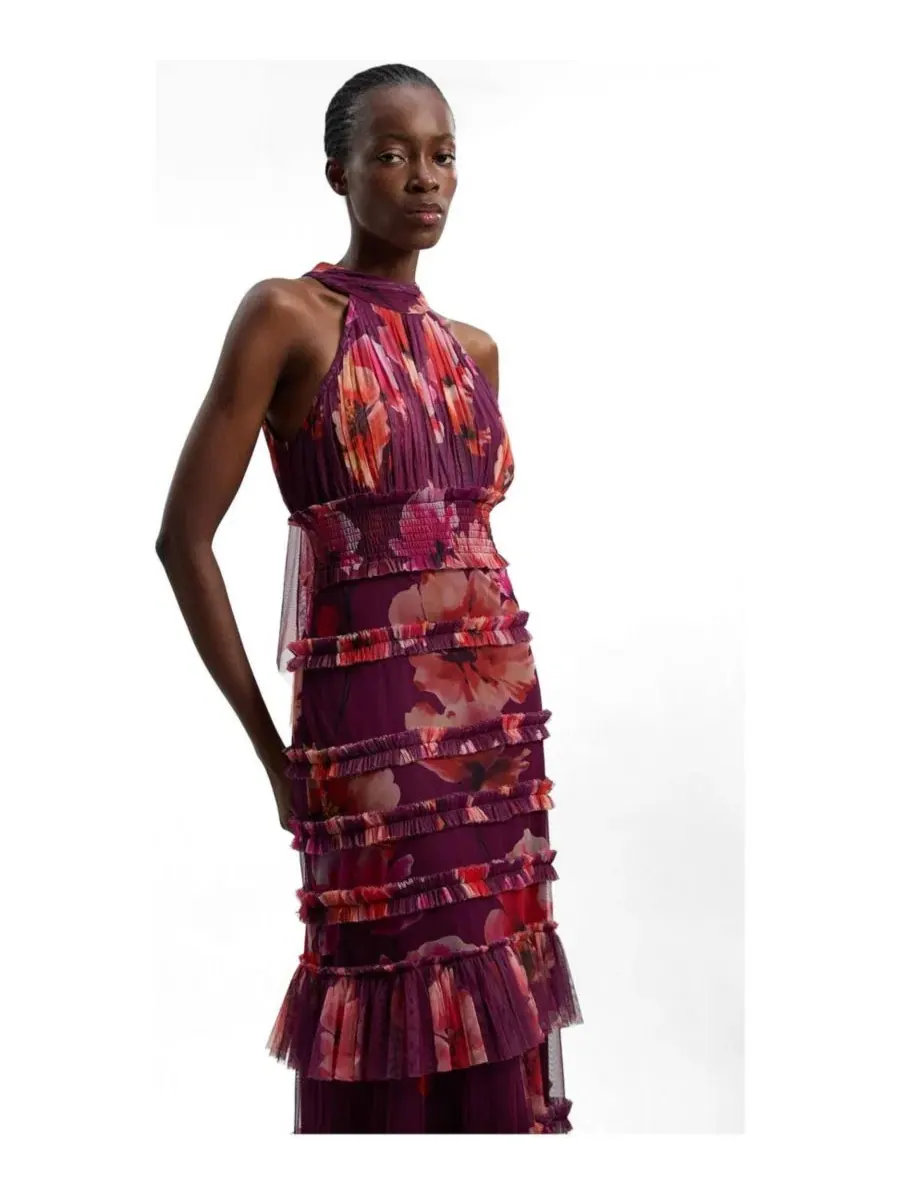 Платье макси из тюля с цветочным принтом, без рукавов, модель Floral Tulle Maxi Karen Millen — изображение 2 из 4, фиолетовый