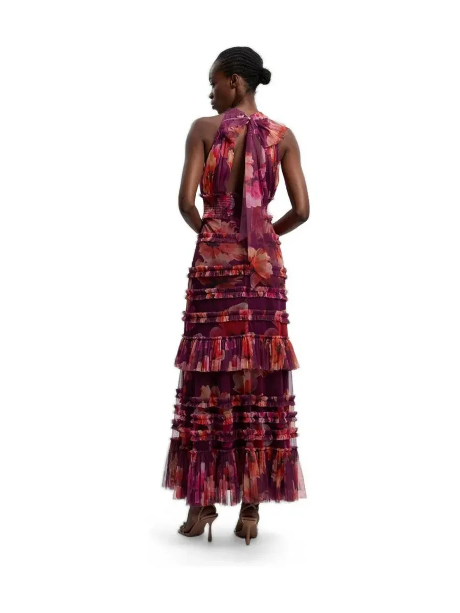 Платье макси из тюля с цветочным принтом, без рукавов, модель Floral Tulle Maxi Karen Millen — изображение 3 из 4, фиолетовый