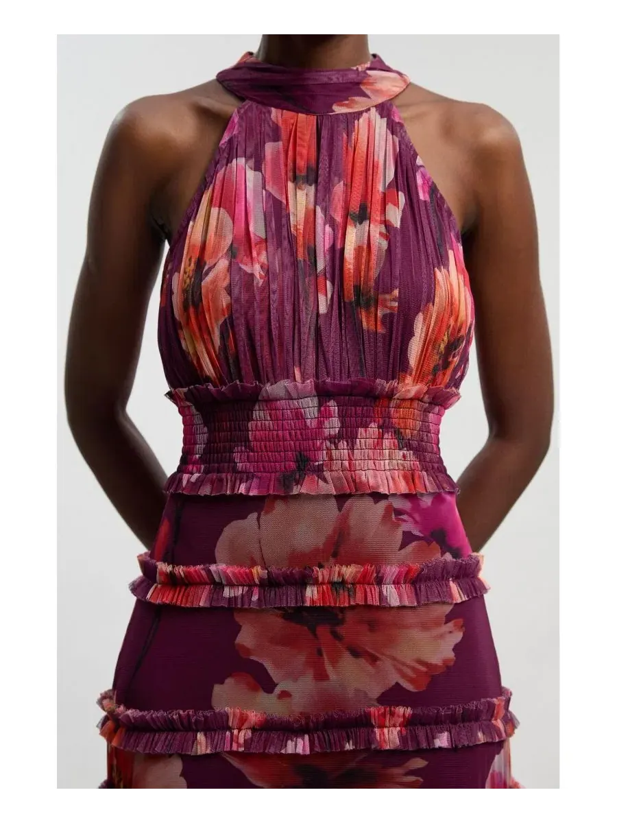 Платье макси из тюля с цветочным принтом, без рукавов, модель Floral Tulle Maxi Karen Millen — изображение 4 из 4, фиолетовый