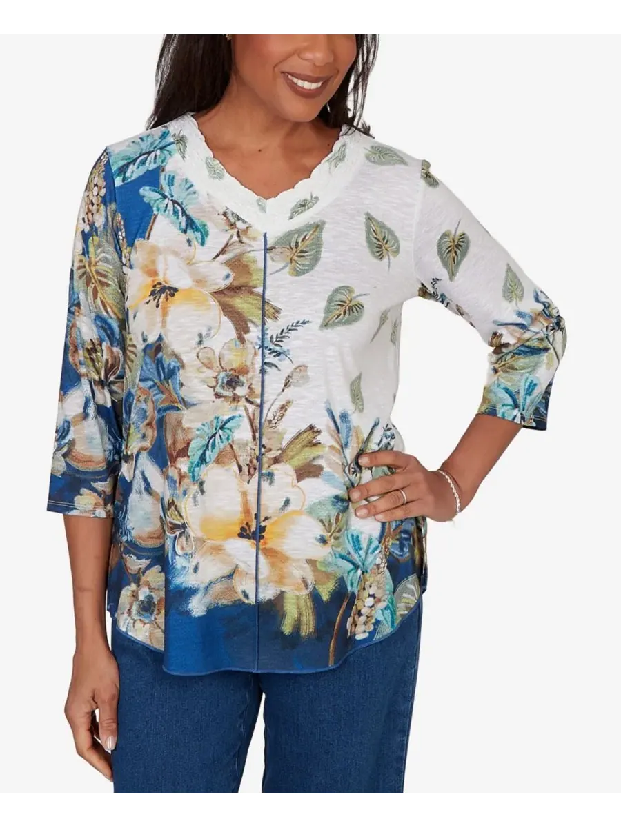 Топ с цветочным принтом Little Indigo Girls Placed Texture Floral Knit Top Alfred Dunner — изображение 1 из 5, синий мульти