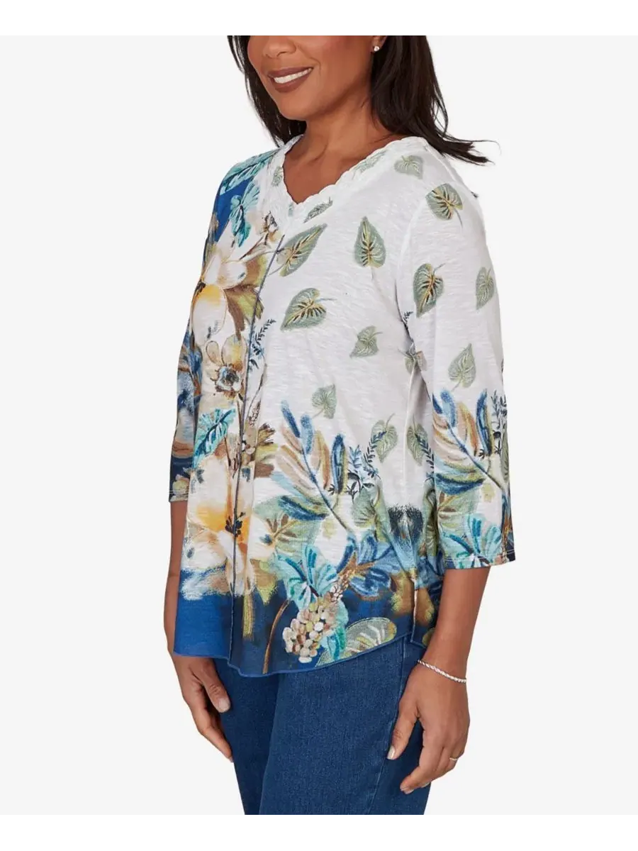 Топ с цветочным принтом Little Indigo Girls Placed Texture Floral Knit Top Alfred Dunner — изображение 2 из 5, синий мульти
