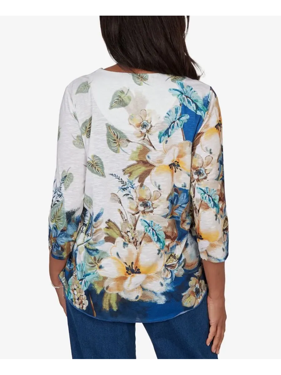 Топ с цветочным принтом Little Indigo Girls Placed Texture Floral Knit Top Alfred Dunner — изображение 5 из 5, синий мульти