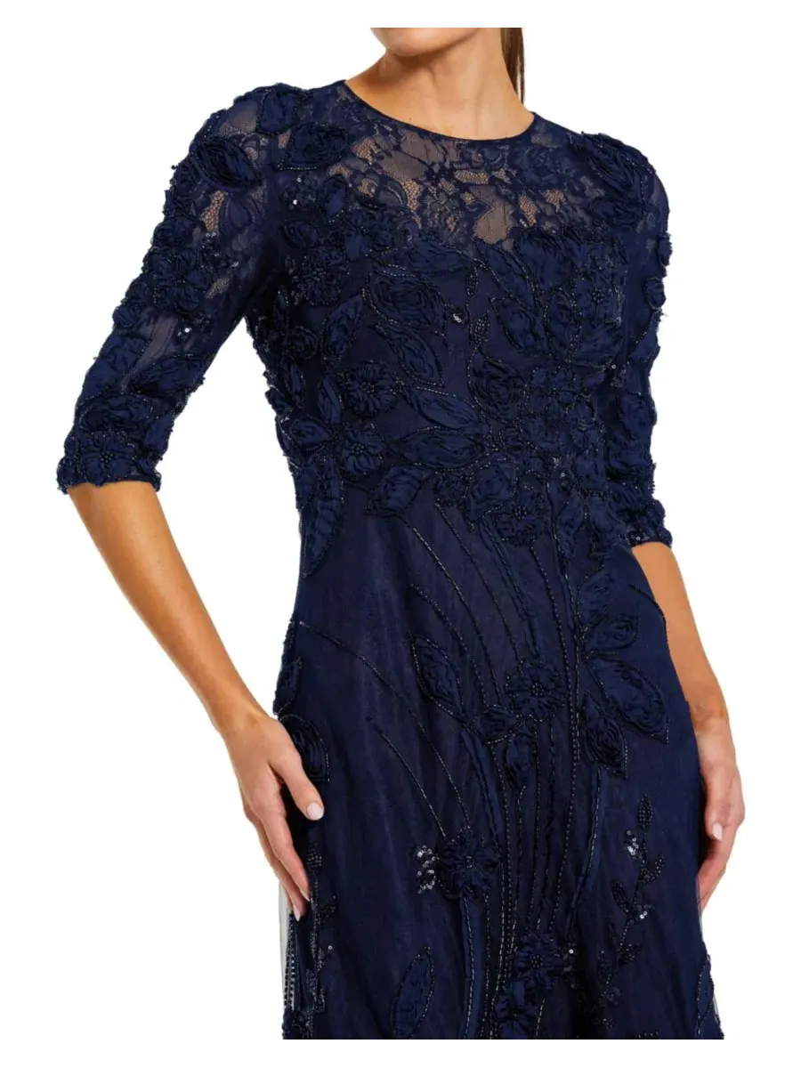 Женское кружевное платье с высоким воротником и вышивкой, рукавами 3/4 Mac Duggal — изображение 3 из 3, темно-синий