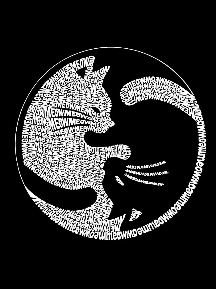 Мужская футболка с длинным рукавом с изображением кота Word Art Инь Ян LA Pop Art — изображение 3 из 3, черный