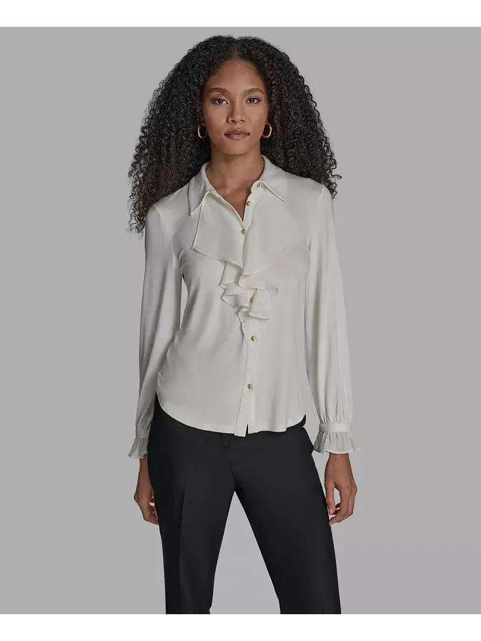 Женская блузка на пуговицах с оборкой спереди BCBG — изображение 2 из 5, белый