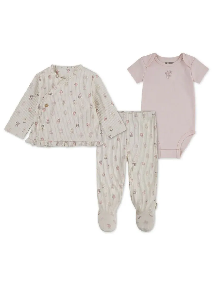 Комплект из трех предметов для девочки: боди, кардиган и штанишки Huggies — белый