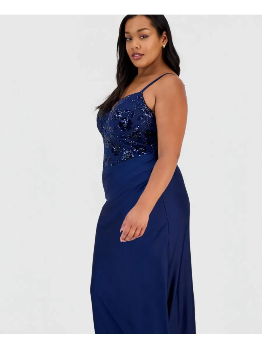 Платье-макси с пайетками, асимметричной юбкой, модель Trendy Plus Size Sequinned Pleated Gown B — изображение 3 из 5