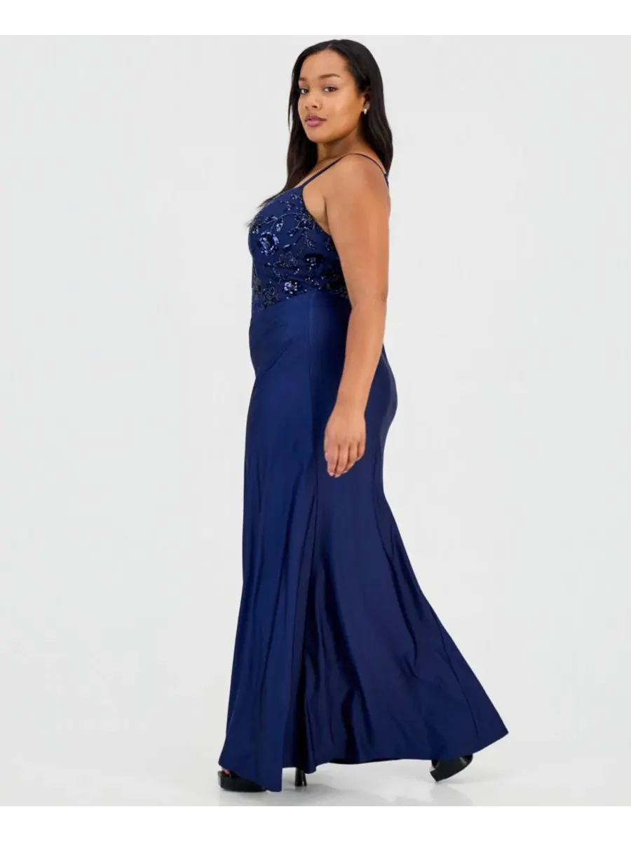 Платье-макси с пайетками, асимметричной юбкой, модель Trendy Plus Size Sequinned Pleated Gown B — изображение 4 из 5
