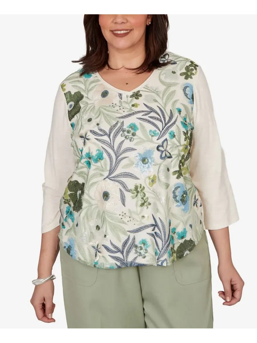 Топ с кружевной накладкой и цветочным принтом Sequined Floral Mesh Overlay Knit Top Alfred Dunner — изображение 1 из 5, белый