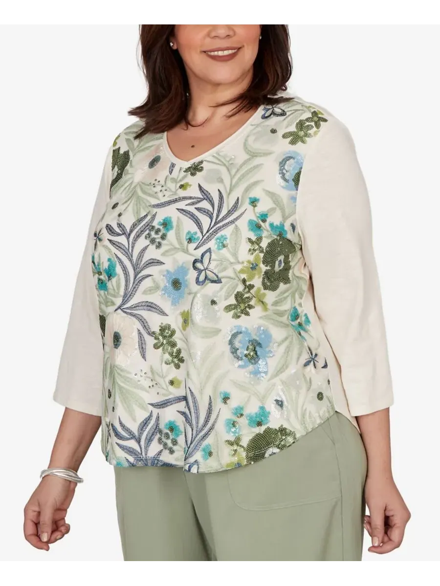 Топ с кружевной накладкой и цветочным принтом Sequined Floral Mesh Overlay Knit Top Alfred Dunner — изображение 2 из 5, белый