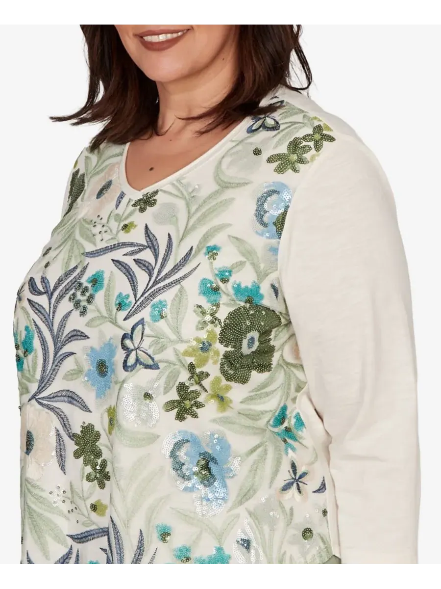 Топ с кружевной накладкой и цветочным принтом Sequined Floral Mesh Overlay Knit Top Alfred Dunner — изображение 4 из 5, белый