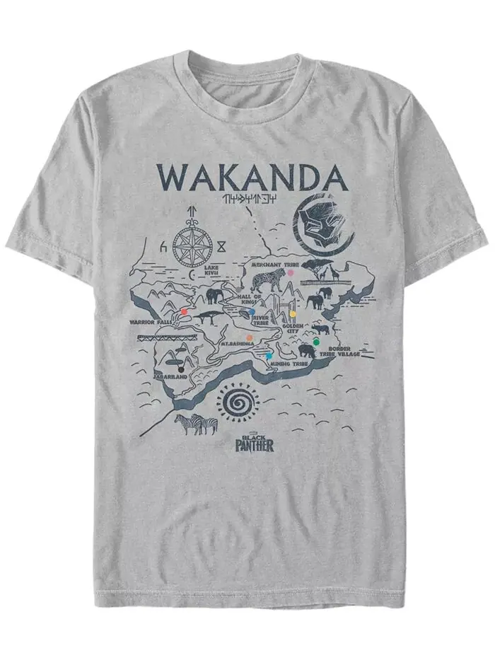 Футболка с коротким рукавом для мужчин Marvel Black Panther Wakanda World Map Fifth Sun — изображение 1 из 1, серебряный