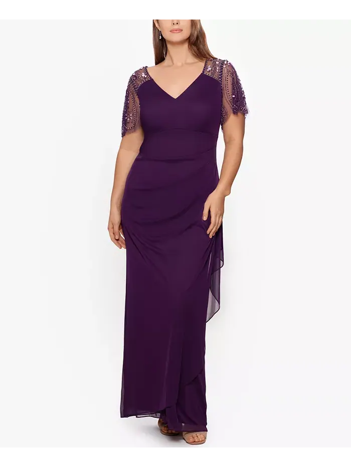 Платье из матового джерси с декором и прозрачными вставками Plus Size XSCAPE — изображение 1 из 2, сливавый