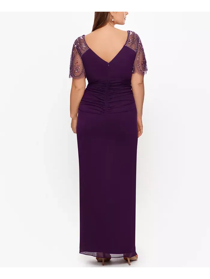 Платье из матового джерси с декором и прозрачными вставками Plus Size XSCAPE — изображение 2 из 2, сливавый